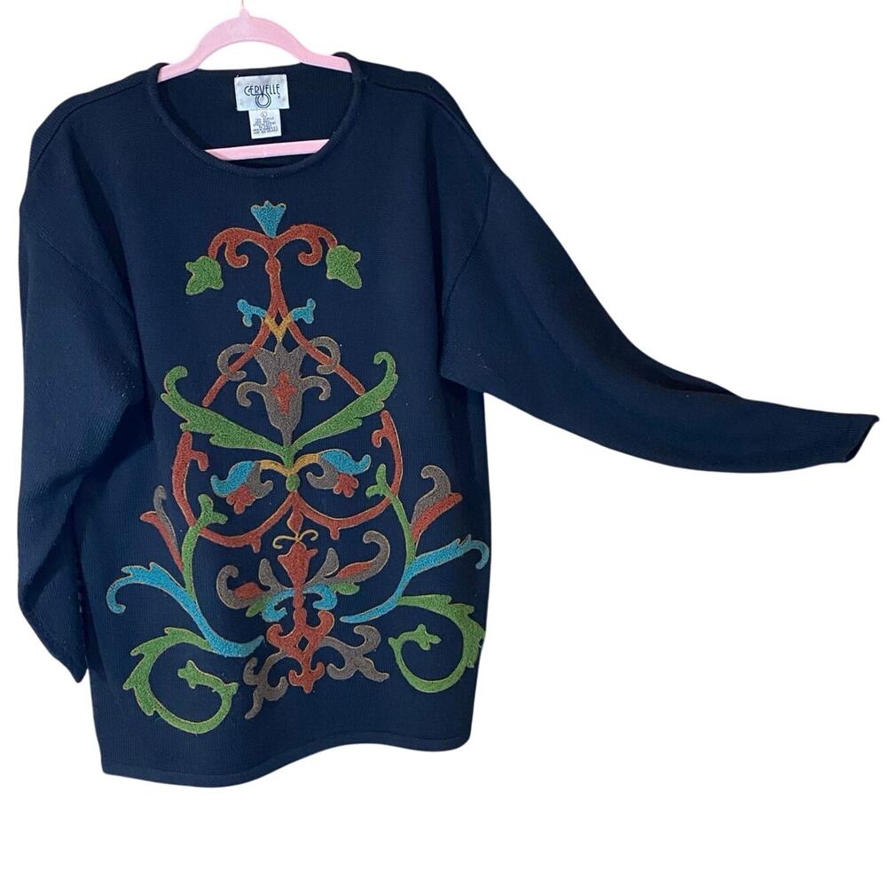 Vintage Cervelle Wool Blend Sweater Black Crewel Embroidery Boho Large artsy